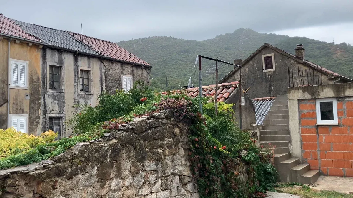 Staré kamenné domy s taškovými střechami nad zdí porostlou popínavkami, za nimi zalesená hora v nízkých mracích.