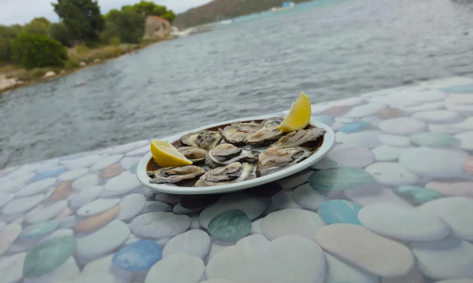 Talíř otevřených ústřic se dvěma dílky citronu na stole u moře.