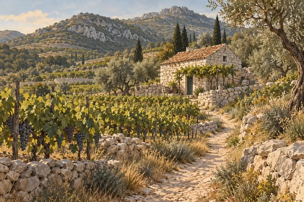 Malovaná ilustrace kamenného domku mezi vinicemi