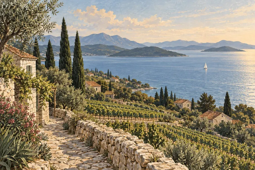 Malovaná ilustrace pobřeží s vinicemi u Orebiće